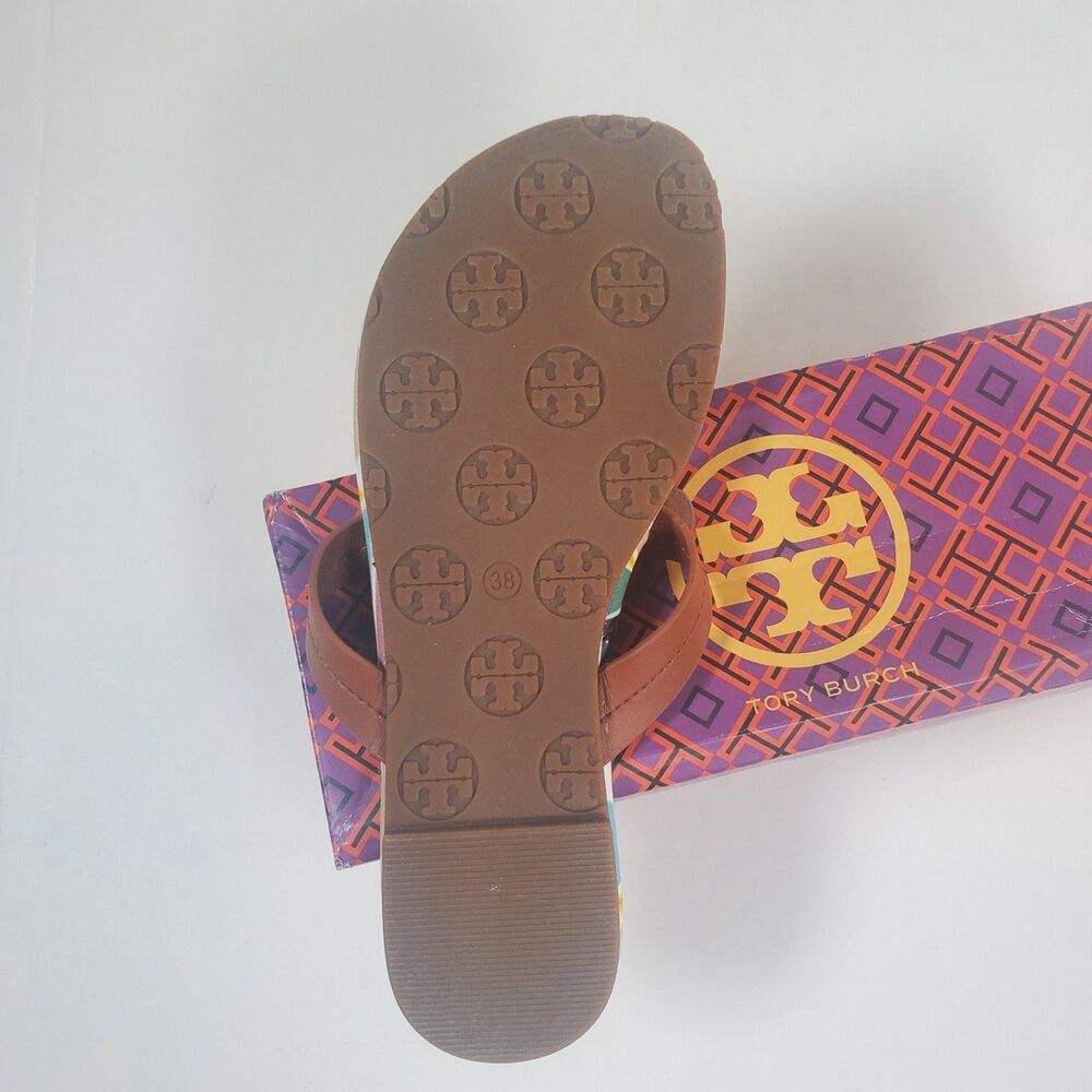 NEW Tory Burch Women’s Sandals Size 7 Brown Multicolor Logo Thong Flip Flop - Picture 5 of 9